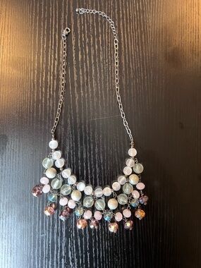 Glass Bead Statement Necklace in Pale Pink and Iridescent